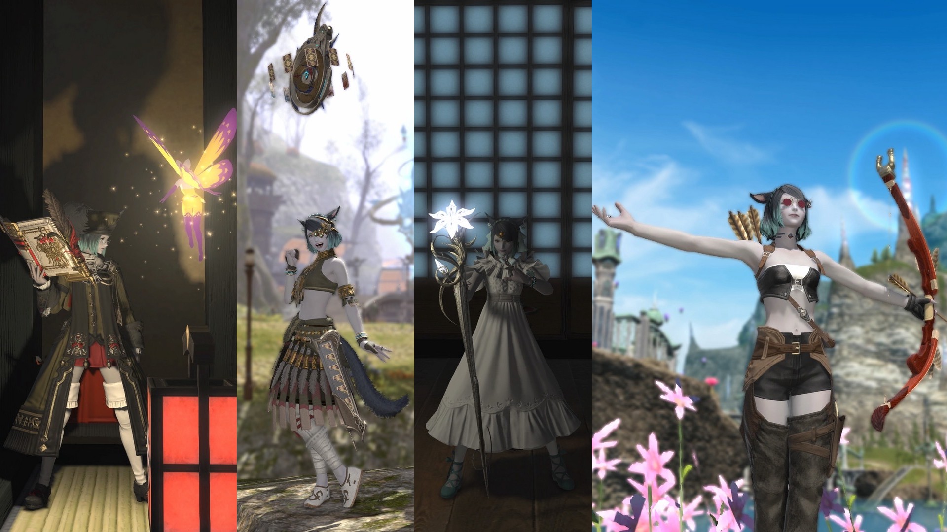 My main character in the MMORPGH Final Fantasy XIV, Catherine Soft, as four different classes